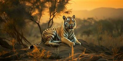 Tiger in the jungle at sunset. AI generated photo