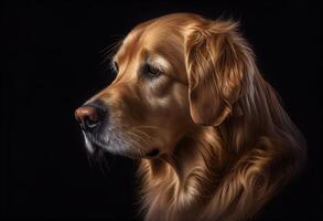 Portrait of a golden retriever looking to the side isolated on black created with photo