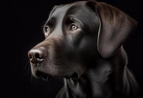 cerca arriba retrato de un negro peludo Labrador perdiguero aislado en negro antecedentes cegado con generativo ai foto