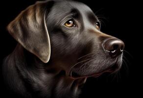 Close up portrait of a black furry labrador retriever isolated on black background ceated with photo