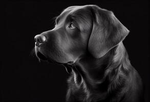 cerca arriba retrato de un negro peludo Labrador perdiguero aislado en negro antecedentes cegado con generativo ai foto