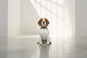 inocente beagle en pie en blanco habitación - ai generativo foto