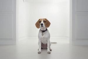 inocente beagle en pie en blanco habitación - ai generativo foto