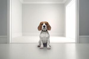 Innocent beagle standing in white room - photo