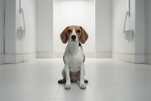 Innocent beagle standing in white room - photo