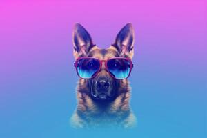 German shepherd wearing sunglasses isolated on colored background - photo