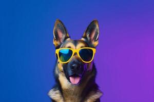 German shepherd wearing sunglasses isolated on colored background - photo