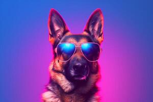 German shepherd wearing sunglasses isolated on colored background - photo