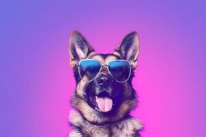 German shepherd wearing sunglasses isolated on colored background - photo