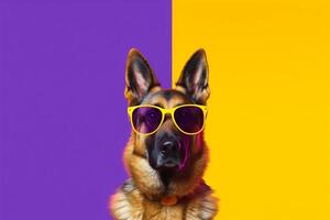 German shepherd wearing sunglasses isolated on colored background - photo