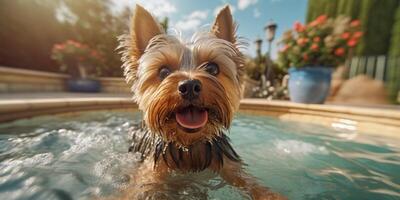 happy yorkshire terrier swimming in jacuzzi - photo