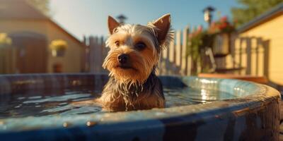 happy yorkshire terrier swimming in jacuzzi - photo