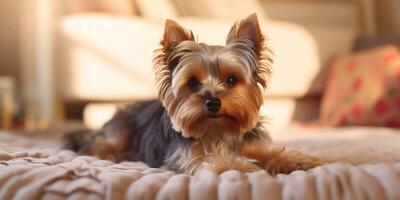 cute yorkshire terrier lying on the bed - photo