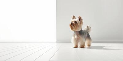 linda Yorkshire terrier en pie en minimalista vivo habitación - ai generativo foto