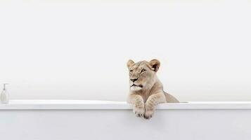 A lion in a bathtub with a white background - Generative AI photo