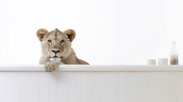un león en un bañera con un blanco antecedentes - generativo ai foto