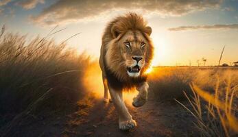 A lion running through the wildlife at sunset - Generative AI photo