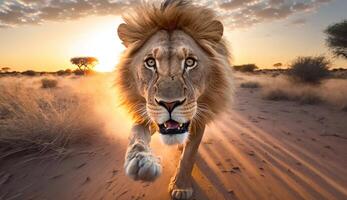 A lion running through the wildlife at sunset - Generative AI photo