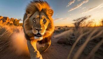 un león corriendo mediante el fauna silvestre a puesta de sol - generativo ai foto