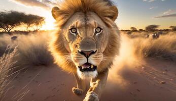 A lion running through the wildlife at sunset - Generative AI photo