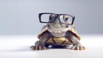 A tortoise wearing glasses is shown with a white background. - photo