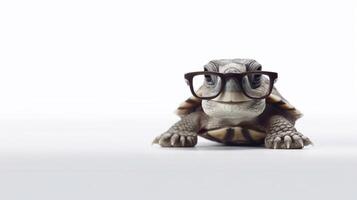 A tortoise wearing glasses is shown with a white background. - photo