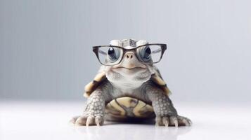 A tortoise wearing glasses is shown with a white background. - photo