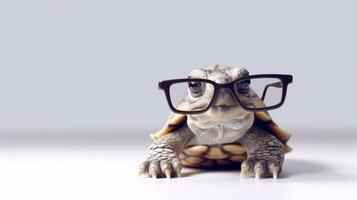 A tortoise wearing glasses is shown with a white background. - photo