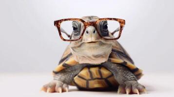 A tortoise wearing glasses is shown with a white background. - photo