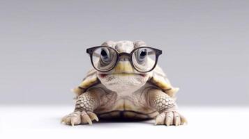 A tortoise wearing glasses is shown with a white background. - photo