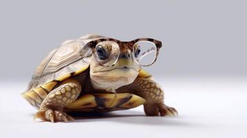 A tortoise wearing glasses is shown with a white background. - Generative AI photo