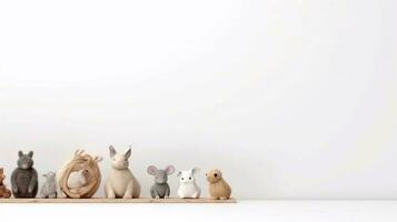 A row of figurines of animals sit on a shelf. - Generative AI photo