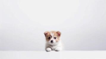 un perrito ese es sentado abajo con sus cabeza arriba en blanco antecedentes - generativo ai foto