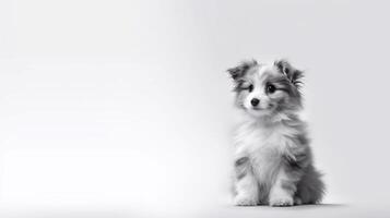 A puppy that is sitting down with its head up on white background - photo