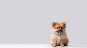 A puppy that is sitting down with its head up on white background - photo