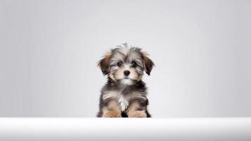 A puppy that is sitting down with its head up on white background - photo