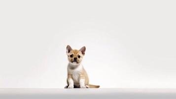 A puppy that is sitting down with its head up on white background - photo