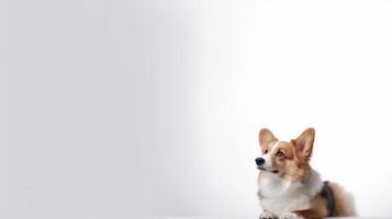 A puppy that is sitting down with its head up on white background - photo