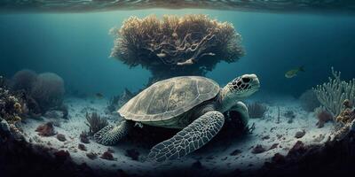 Turtle submerged underwater with broken coral reef in the background - photo