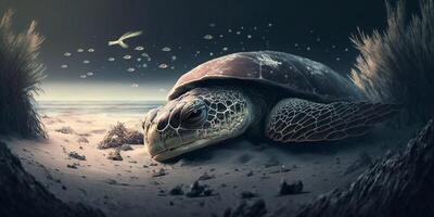 Turtle submerged underwater with broken coral reef in the background - photo