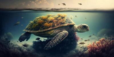 Turtle submerged underwater with broken coral reef in the background - photo