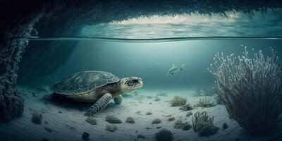 Turtle submerged underwater with broken coral reef in the background - photo