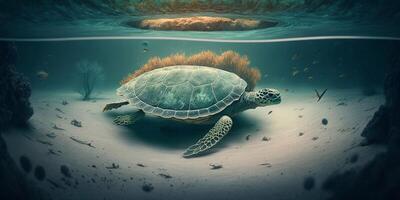 Turtle submerged underwater with broken coral reef in the background - photo