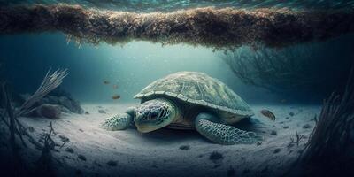 Turtle submerged underwater with broken coral reef in the background - photo