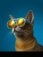 Portrait of a Abyssinian cat wearing yellow sunglasses on a blue background. photo