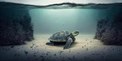 Turtle submerged underwater with broken coral reef in the background - photo