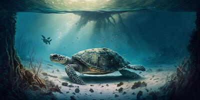 Turtle submerged underwater with broken coral reef in the background - photo