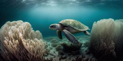 Turtle submerged underwater with broken coral reef in the background - photo