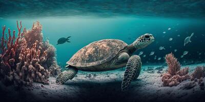 Turtle submerged underwater with broken coral reef in the background - photo