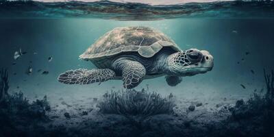 Turtle submerged underwater with broken coral reef in the background - photo